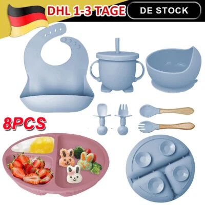 8 in 1 Silikon Baby Geschirrset Kindergeschirr Kinder Teller w/Saugnapf BPAFrei - Bild 1 von 4