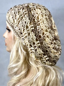 NEU Damen handgefertigte LLOUCHY Beanie Tam Mütze Rasta EXTRA BAGGIE beige taupe - Bild 1 von 8