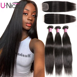 UNice Peruvian Straight 3 Bundles Human Hair Extensions With Lace Closure Weaves - Picture 1 of 12
