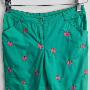 Lilly Pulitzer Bright Green Capri Pants Split Hem Emb Pink Butterflies Girls 12 - Picture 1 of 9