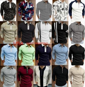 Polo T Shirt Men's Trendy Zipper Collar Dress Long Sleeve Sports Golf Casual Tee - Picture 1 of 45