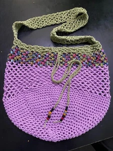 Vintage Hand Crocheted BOHO Drawstring Purse Lavender/Green/Beads Granny Core - Picture 1 of 7