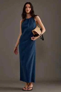 Maxi abito Anthropologie Charlie Holiday Karlee Halter blu navy taglia UK 12 - Foto 1 di 5