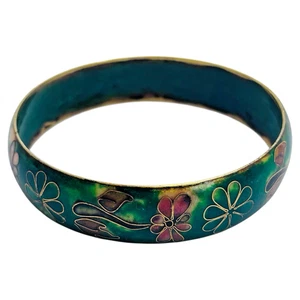 Vintage Enamel Cloissone Flower Green Multi Color Bangle Bracelet - Picture 1 of 8