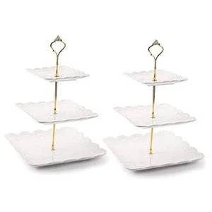 2 Pack 3-Tier White Ceramic Embossed Dessert Cake Tower Stand with Gold Carry - Picture 1 of 6