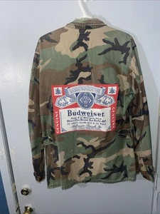 Vintage Camouflage Jacket With Budweiser Patch On Back And Pocket Size L E - Picture 1 of 12