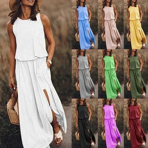 Damen Sommer Langes Maxikleid Damen Urlaub Boho Ärmellos Uni Tunika Sonne / - Bild 1 von 19