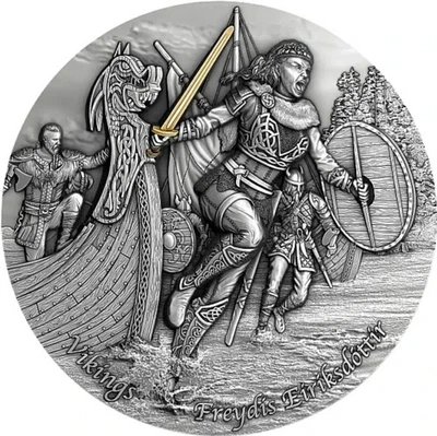 Moneda de plata Niue FREYDIS EIRIKSDOTTIR 2021 $5 vikingos acabado antiguo 2 OZ Foto 1 de 4
