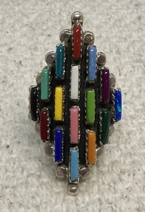 Native American Needlepoint Multi Stone Cluster Ring Navajo Size 9 Sterling 925 - Picture 1 of 6