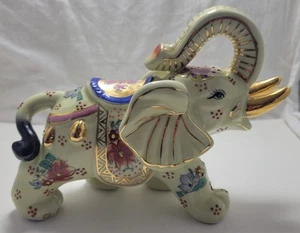 Small Vtg. Chinese Asian Porcelain ELEPHANT Statue Ceremonial Gilded - 6" - Picture 1 of 13