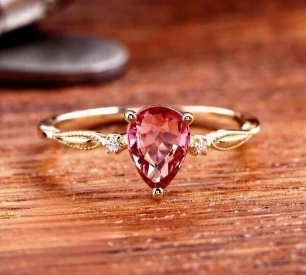 18K Gold Plated Sterling Silver Natural Pink Tourmaline Anniversary Ring for Her - Image 1 of 4