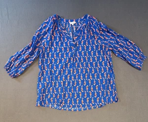 Crown & Ivy V Neck 3/4 Sleeve Blue Seahorse Blouse Size Large Summer Spring - Picture 1 of 10