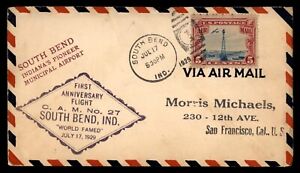 Mayfairstamps US First Flight Cover 1929 South Bend IN CAM 27 Municipal Airport