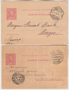 PORTUGAL 1902/03 25r postal cards *LISBOA-BERGEN NORWAY* & *COVILHA-MONACO* - Picture 1 of 9