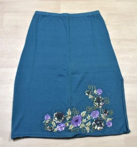 Falda midi tejida Carol Patterson años 80 con cuentas bordadas lentejuelas verde azulado talla 1X de colección - Imagen 1 de 5