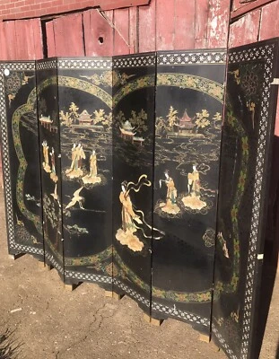 Pantalla divisoria habitación antigua piedra negra 6 paneles vintage asiática oriental 6’ x 8’ Foto 1 de 4