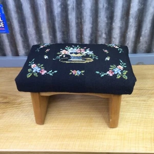 Vtg Floral Black Needlepoint Wooden Foot Stool Rest Tapestry 8" Tall Granny Chic - Picture 1 of 17