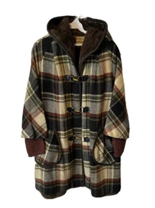 Vintage 70s Womens Medium Plaid Metal Clasp Oversized Hooded Parka Coat - Picture 1 of 9