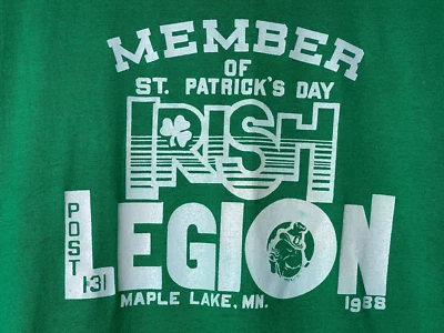 1988 Irish Legion SCREEN STARS SINGLE STITCH St Paddy's T Shirt - Sz L DEADSTOCK - Image 1 of 4