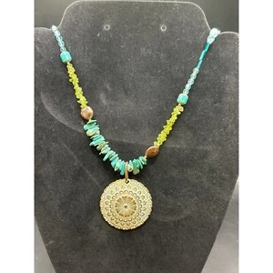 Necklace Turquoise Peridot Coin Pearls Apatite Czech Art Beads patina medallion - Picture 1 of 4