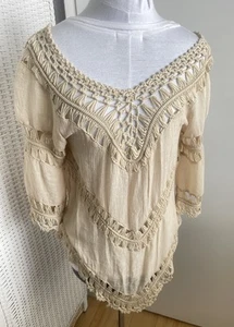 Vivid Importers Tan Bohemian Cover Up/ Tunic Crochet Inlay/ Detail Beach Sz S - Picture 1 of 8