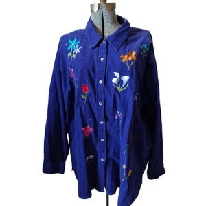 Giacca camicia vintage Quacker Factory 3X velluto a coste manica lunga ricamo fiori - Foto 1 di 10