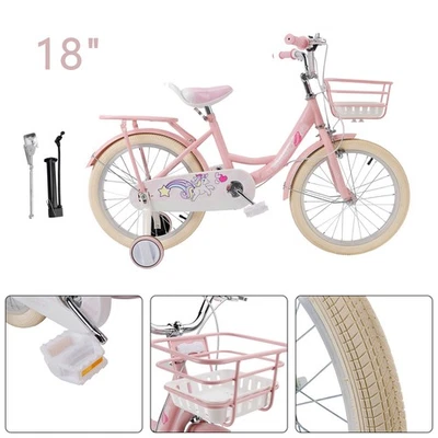 18" Child Bicycle Girls Bike with auxiliary wheels & Rack & Basket Pink - Image 1 of 4