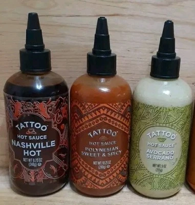 3 SORTEN PACK: TATTOO Hot!! Sauce Glutenfrei Med-Hot Stärke 8,75z Franks - Bild 1 von 2