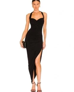 Norma Kamali Neckholder Rüschen Asymmetrisch Bodycon Kleid M/38 Schwarz Abend Luxus - Bild 1 von 13