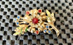 GOLD TONE BRANCH FAUX WITH RUBIES, SAPPHIRE, DIAMONDS PINBACK BROOCH 1 3/4" X 1" - Picture 1 of 2