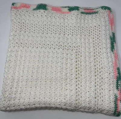 Handmade crochet Knit baby Lap blanket afghan White Trimmed Green Pink 31” - Image 1 of 4