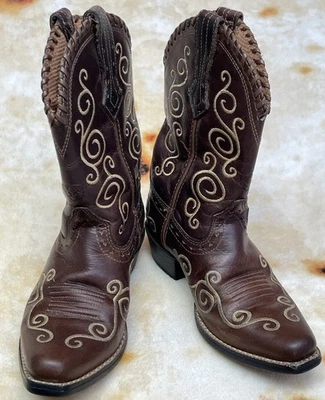 Ariat Botas Vaqueras Niñas Talla 10 Pull On Western Marrón Cuero Bordado Cortar Foto 1 de 4