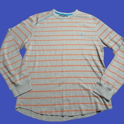 Volcom Waffle Knit Thermal Shirt Men’s Size Medium Gray Striped Skate Grunge - Image 1 of 4