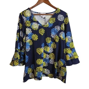 Leota Dahlia Classic Navy Blue Yellow White Floral Niki Bell Sleeve Top 1L or XL - Picture 1 of 13