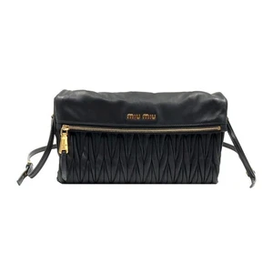 Miu Miu Black Leather Matelassé Gold-Tone Flap Clutch Crossbody 5BF385 114976836 - Picture 1 of 11