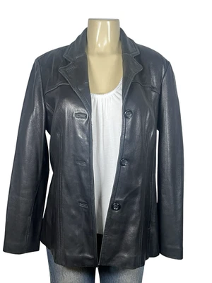 Chaqueta Avanti New York Mujer Grande Negra Cuero Genuino Blazer Botón Delantero Foto 1 de 4