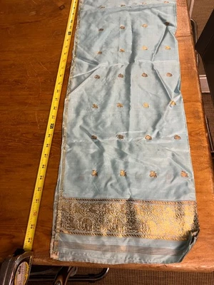 Vintage Indian Silk Sari Scarf Dupatta – Blue Gold Zari Border Handwoven - Image 1 of 4