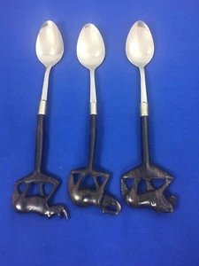 Cucchiai posate inox manico animale legno intagliato LEONE RINOCERONTE ELEFANTE set 3 - Foto 1 di 11