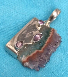COLLAR REBANADA GEODA AMATISTA CRISTAL DRUZY CRUDO PLATA ESTERLINA - Imagen 1 de 16