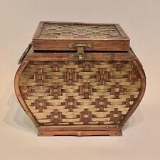 Vintage Wicker Rattan Bamboo Interwoven Brass Latched Keepsake Box Storage Chest