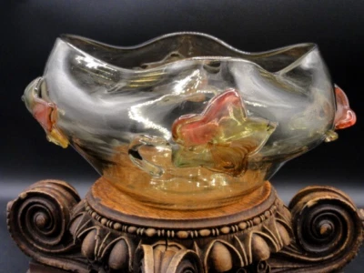 Antique Harrach Amber Quatrefoil Art Glass Bowl Applied Variegated Maple Leaves - Image 1 of 4