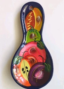 Hand Painted Fruit Spoon Rest Mexican Redware Pottery Utensil Holder Gold 8.75" - Picture 1 of 12