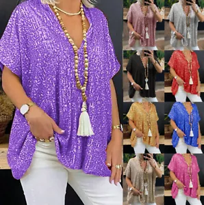 UK Women Sparkly Sequins Baggy Tops Blouse Christmas Party XMAS Shirts PLUS SIZE - Picture 1 of 21