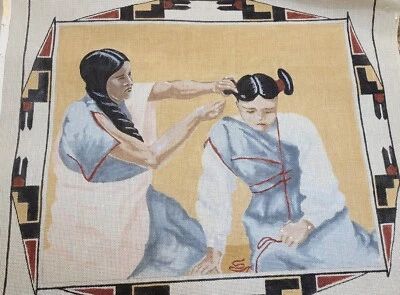 Handpainted Needlepoint Canvas - Indigenous Mother Tying Daughter's Hair - Image 1 of 2