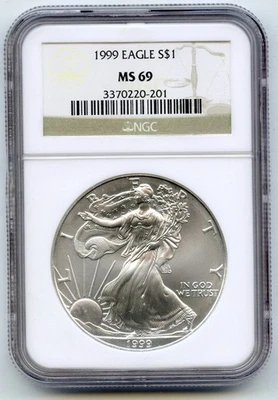 1999 American Eagle 1 Oncia Argento Dollaro NGC MS69 Certificato Lingotto - P605 - Immagine 1 di 2