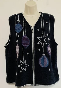 Christopher & Banks XL Weihnachtsweste blau silber Borte Full Zipper Chenille - Bild 1 von 10