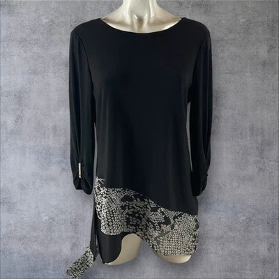 Joseph Ribkoff Women’s Top Size 12 Black 3/4 Ruched Sleeves Asymmetric 211 - Image 1 of 4