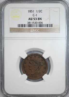 1851 Braided Hair Half Cent 1/2C NGC AU53BN C-1 - Image 1 of 4
