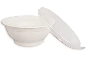 36 oz. Disposable Plastic White Diamond Party Noodle Soup Bowls & Lids - Picture 1 of 2
