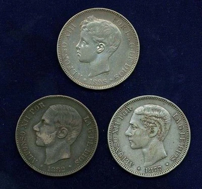 SPAIN 5 PESETAS SILVER COINS: 1877(77)-DEM, 1882(82)-MSM, & 1898(98)-SGV - Image 1 of 2
